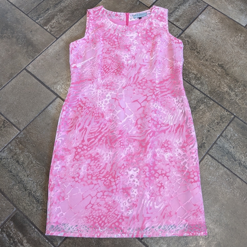 A&K Designs Sheer Multiprint Elegant Whimsical Shift Dress Size L Pink